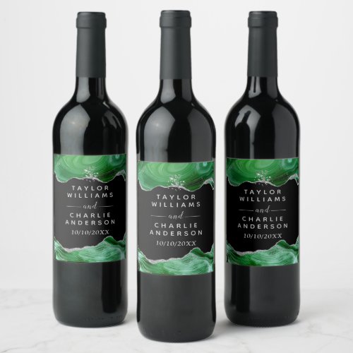 Silver and Dark Green Agate Wedding Wine Label