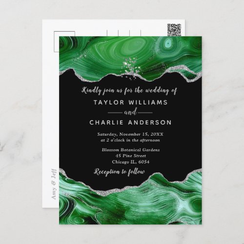 Silver and Dark Green Faux Glitter Agate Wedding Postcard