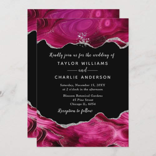 Silver and Dark Pink Faux Glitter Agate Wedding Invitation