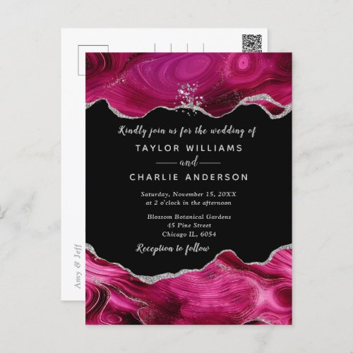 Silver and Dark Pink Faux Glitter Agate Wedding Postcard