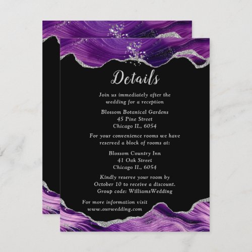 Silver and Dark Purple Agate Wedding Details Enclosure Card