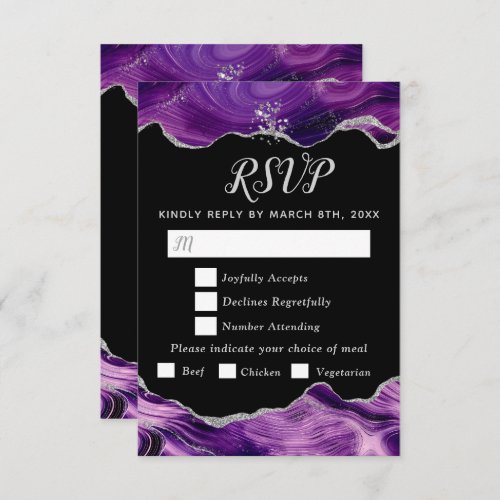 Silver and Dark Purple Agate Wedding Meal Choice RSVP Card