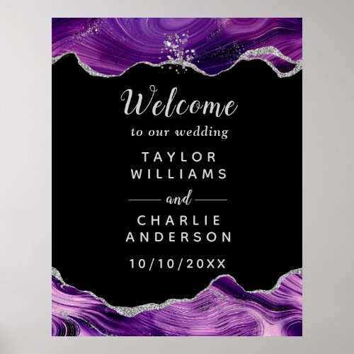 Silver and Dark Purple Agate Wedding Welcome Poster