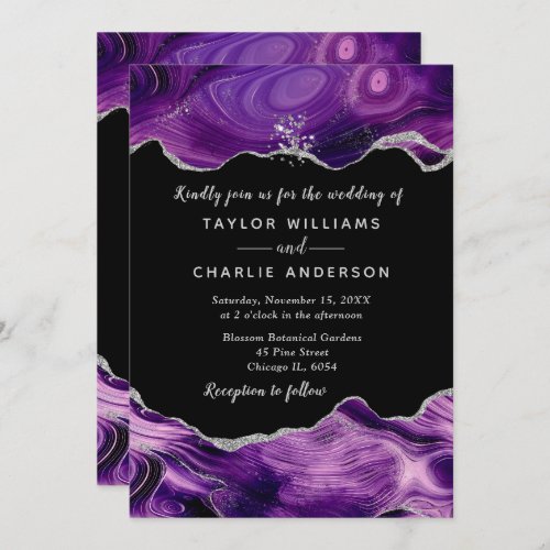 Silver and Dark Purple Faux Glitter Agate Wedding Invitation