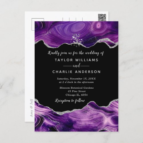 Silver and Dark Purple Faux Glitter Agate Wedding Postcard