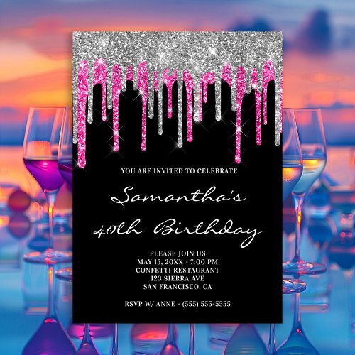 Silver and Deep Pink Glitter Drips Black Birthday Invitation