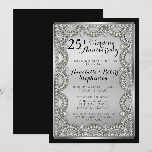 Silver and Diamond 25th Wedding Anniversary Party  Invitation (Front/Back)