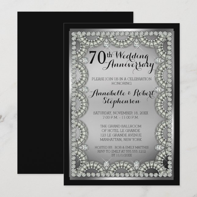 Silver and Diamond 70th Wedding Anniversary Party Invitation (Front/Back)