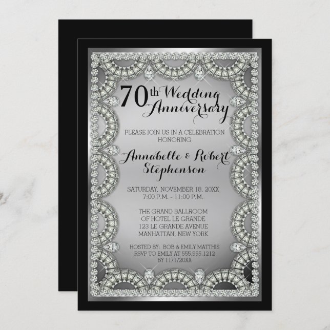 Silver and Diamond 70th Wedding Anniversary Party Invitation (Front/Back)