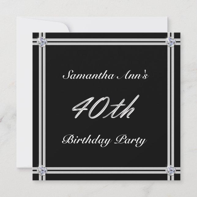 Silver and Diamond on Black, 40th Birthday Party Invitation (Front)