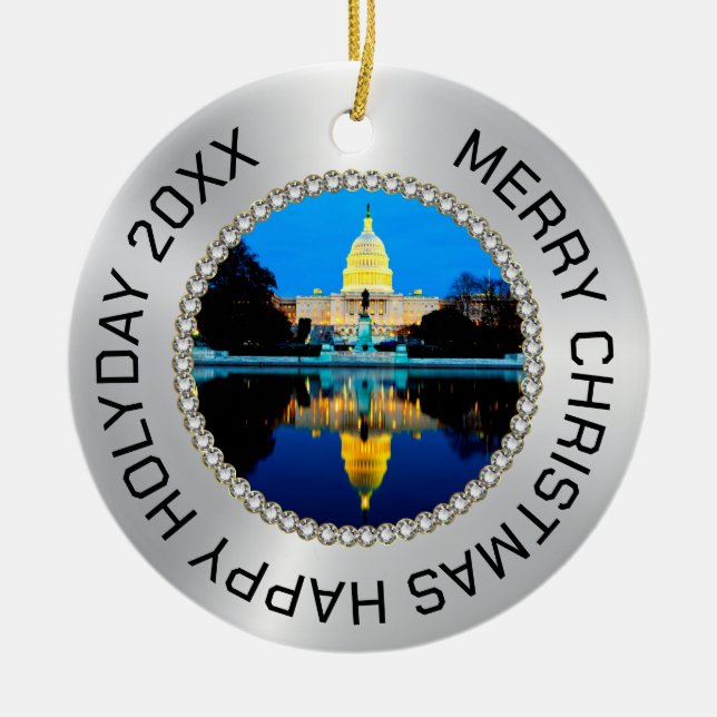 Silver and diamonds Photo Frame US Capital Ceramic Ornament (Front)