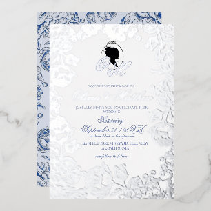  Silver and Dusty Blue Floral Elegant Wedding Foil Invitation