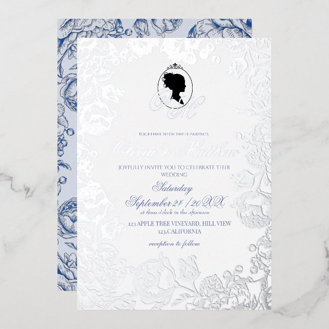  Silver and Dusty Blue Floral Elegant Wedding Foil Invitation (Front/Back)
