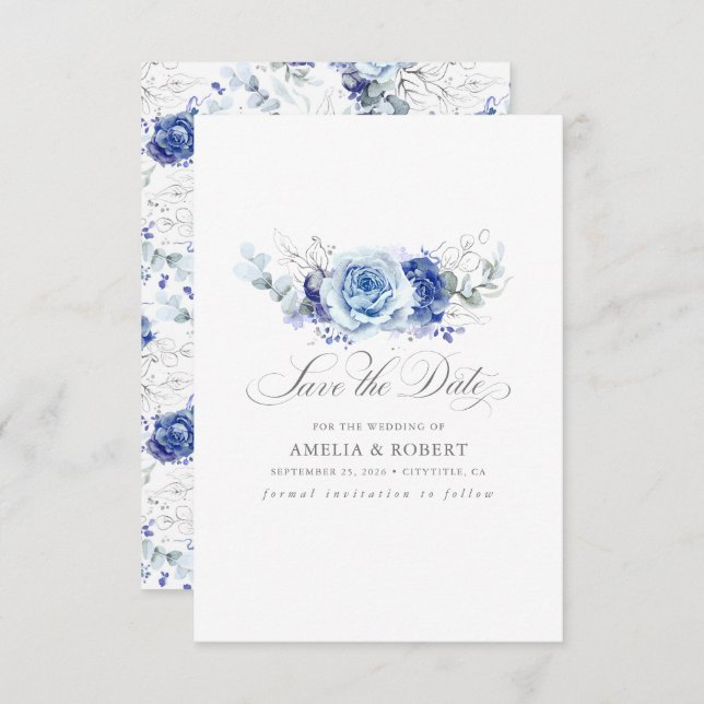 Silver and Dusty Blue Floral Save the Date (Front/Back)
