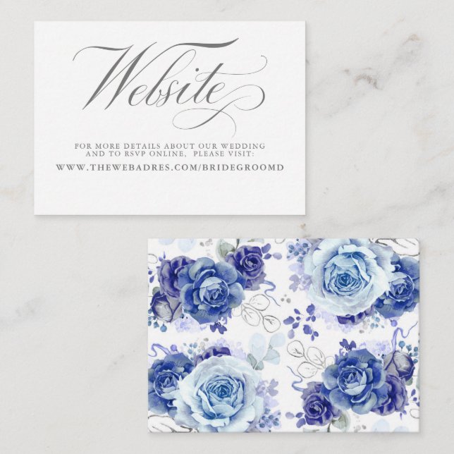 Silver and Dusty Blue Floral Wedding Details Enclosure Card (Front/Back)