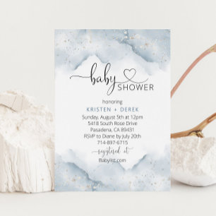 Silver and Dusty Blue Watercolor Baby Shower Invitation