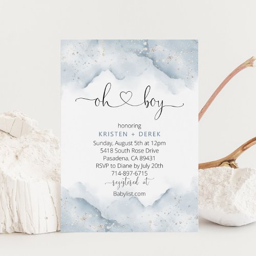 Silver and Dusty Blue Watercolor Baby Shower Invitation