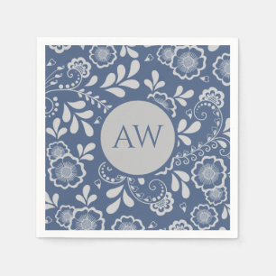 Silver and French Blue Victorian Lace Monogram Napkins
