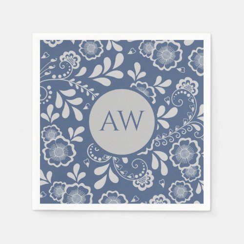 Silver and French Blue Victorian Lace Monogram Napkins