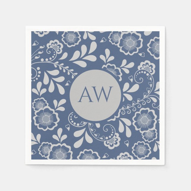 Silver and French Blue Victorian Lace Monogram Napkins (Front)