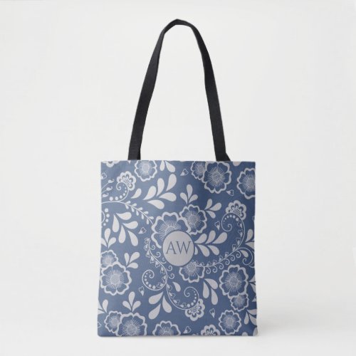 Silver and French Blue Victorian Lace Monogram Tote Bag