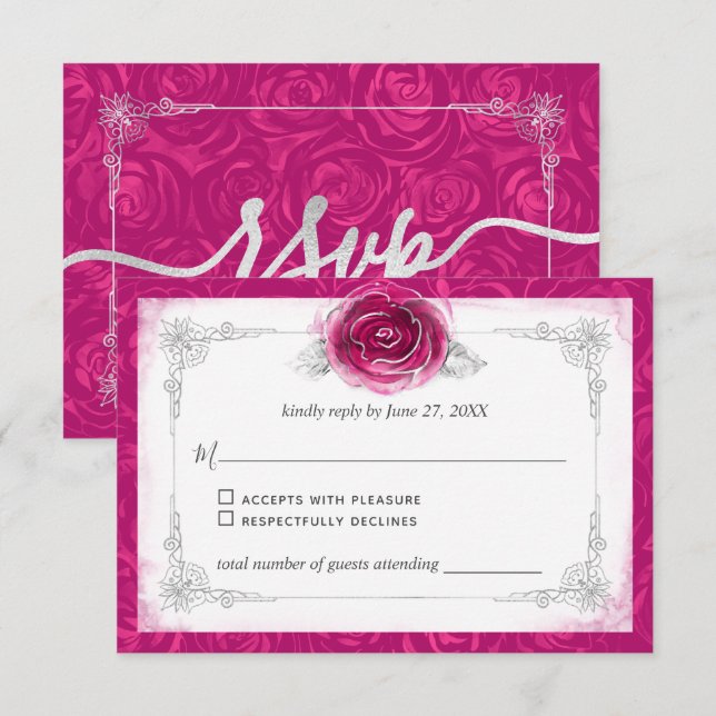 Silver and Fuchsia Roses Elegant RSVP Card (Front/Back)