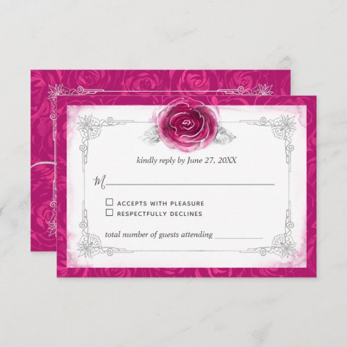 Silver and Fuchsia Roses Elegant RSVP Card