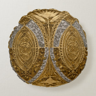 Silver And Gold Art Deco Pattern Round Pillow
