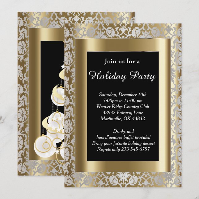 Silver and Gold Christmas Holiday Tree Invitation (Front/Back)
