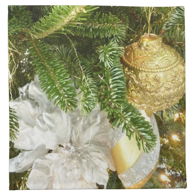 Silver and Gold Christmas Tree I Holiday Cloth Napkin (Front)