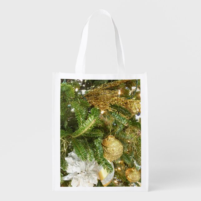 Silver and Gold Christmas Tree I Holiday Grocery Bag (Front)