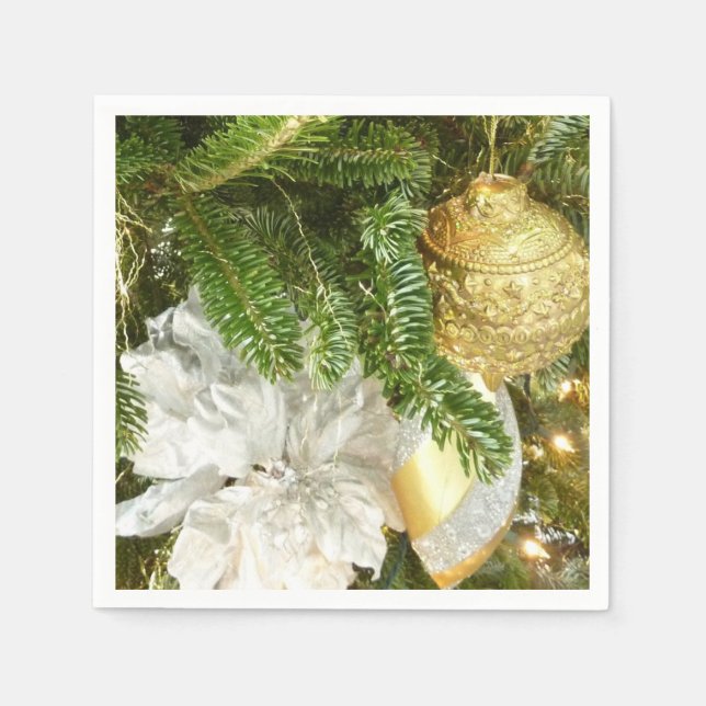 Silver and Gold Christmas Tree I Holiday Paper Napkins (Front)