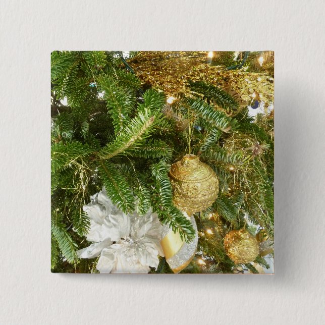 Silver and Gold Christmas Tree I Holiday Pinback Button (Front)