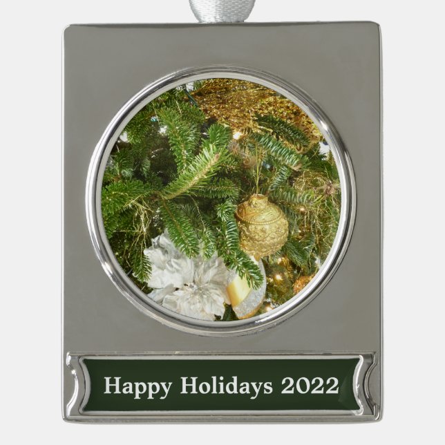 Silver and Gold Christmas Tree I Holiday Plated Banner Ornament (Front)
