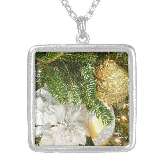 Silver and Gold Christmas Tree I Holiday Silver Plated Necklace (Front)