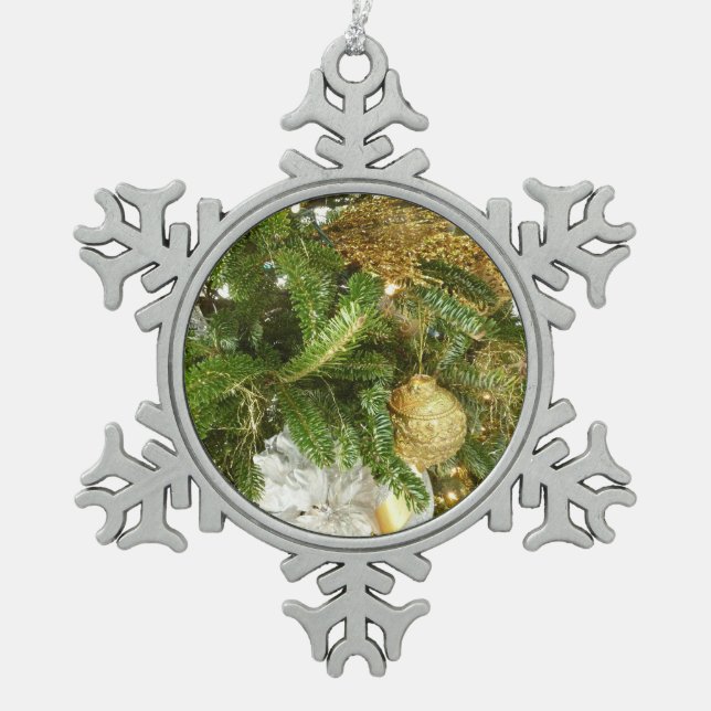 Silver and Gold Christmas Tree I Holiday Snowflake Pewter Christmas Ornament (Front)