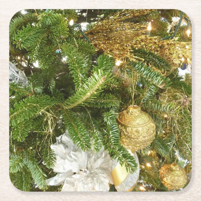 Silver and Gold Christmas Tree I Holiday Square Paper Coaster (Front)