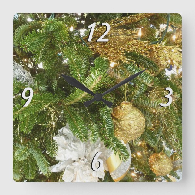 Silver and Gold Christmas Tree I Holiday Square Wall Clock (Front)