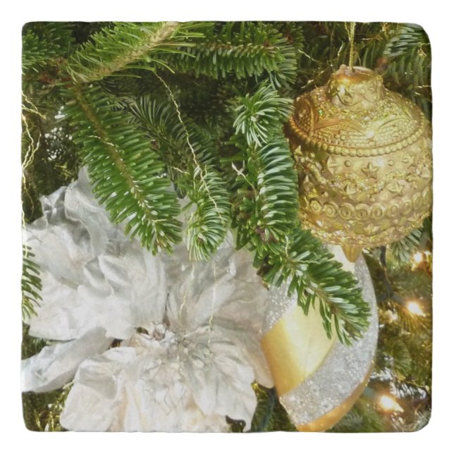 Silver and Gold Christmas Tree I Holiday Trivet (Front)
