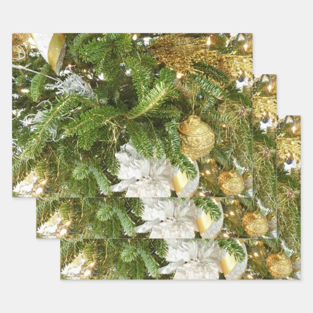 Silver and Gold Christmas Tree I Holiday Wrapping Paper Sheets (Set)