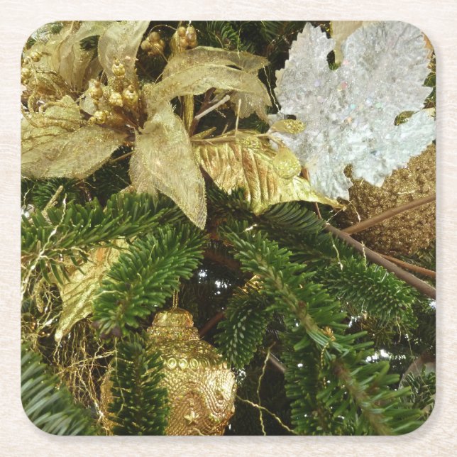 Silver and Gold Christmas Tree II Holiday Square Paper Coaster (Front)