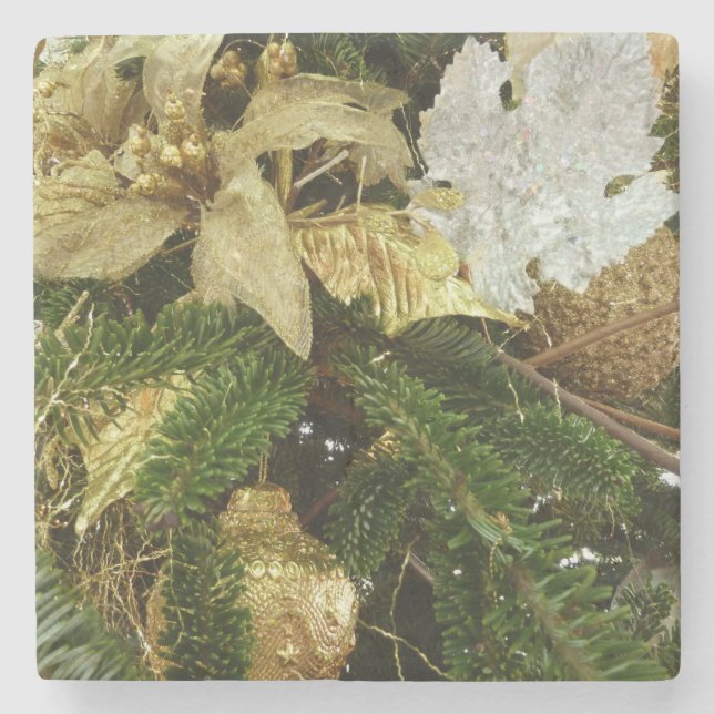 Silver and Gold Christmas Tree II Holiday Stone Coaster (Front)