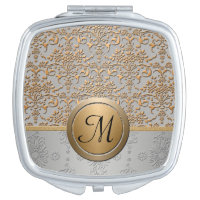 Silver and Gold Damask Pattern with Monogram Compact Mirror