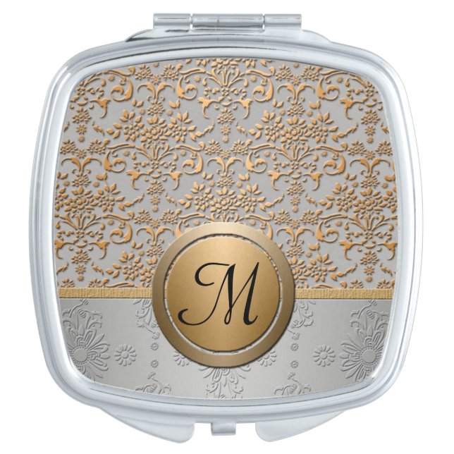 Silver and Gold Damask Pattern with Monogram Compact Mirror (Front)