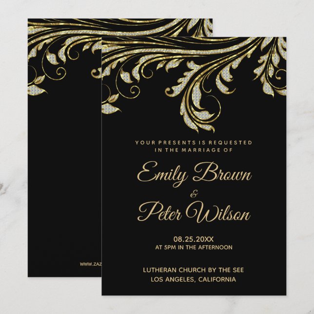 Silver And Gold Diamonds Swirl Wedding Invitation (Front/Back)