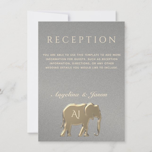 Silver and Gold Elephant Wedding Reception Card (Front)