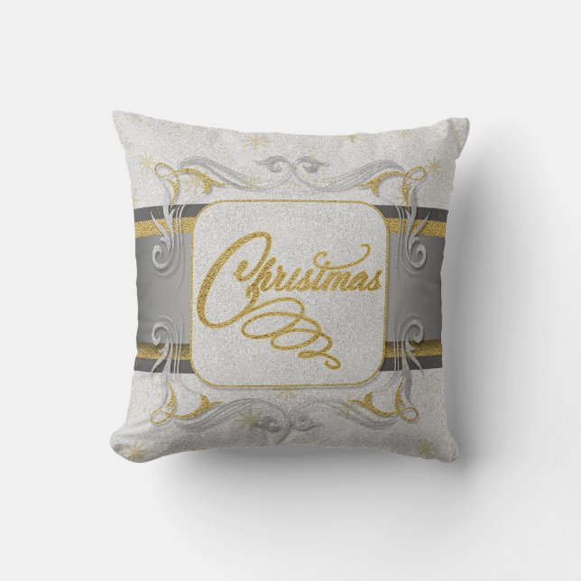 Silver and Gold Faux Glitter Christmas Throw Pillow (Front)
