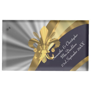 Silver and gold fleur de lys table card holder