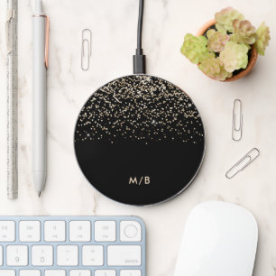 Silver and gold glitter on black, monogram wireless charger