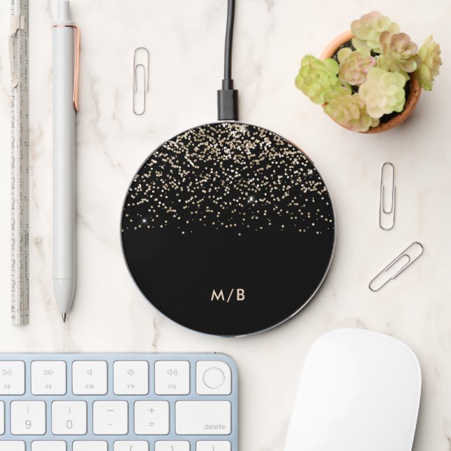 Silver and gold glitter on black, monogram wireless charger  (Desk)